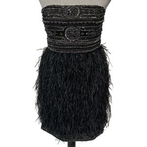 Sue Wong Nocturne Strapless Black Beaded Ostrich Feather Cocktail Dress Size 8
